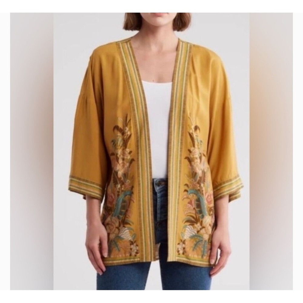 DR2 Silky Floral Kimono Women's L/XL‎ Mustard Yellow Open Front Festival Boho